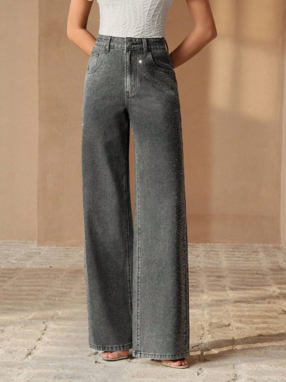 Gray Rhinestone Scatter Wide Leg High Rise Denim Jeans